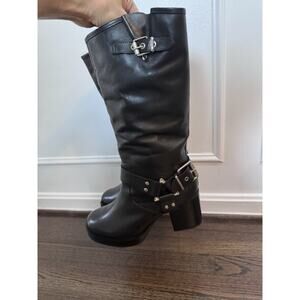SCHUTZ Black Leather Heeled Moto Boots